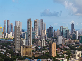 Modern City high-rise skyscraper buildings. Aerial drone view of the Financial District in Mumbai. Daytime Mumbai City, India