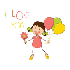 A cute girl is a cartoon character in the style of hand-drawn doodles. Isolated. Vector illustration.