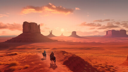 Fototapeta na wymiar cowboy on horseback in Monument Valley. Generative AI