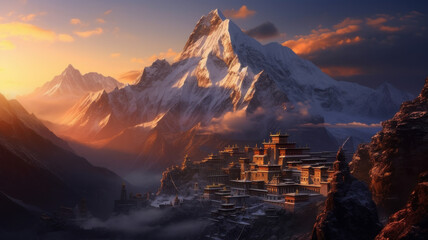 Everest and Tibetan temples. Generative AI - obrazy, fototapety, plakaty