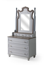 wooden Bed kids dressing table isolated on white background . chest of drawers with mirror