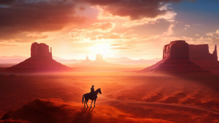 cowboy on horseback in Monument Valley. Generative AI