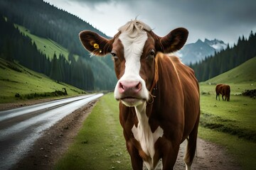 cow in the mountains by AI generating