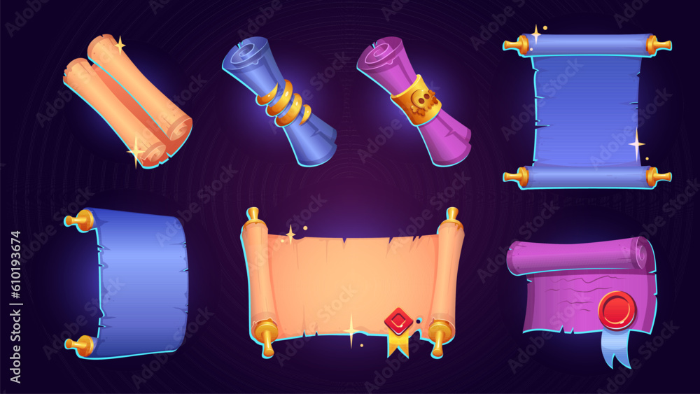 Poster magic scroll parchment ui game icon cartoon vector icon. fantasy ancient papyrus for old treasure or
