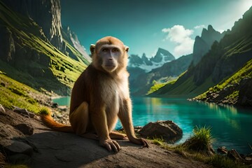 monkey on mountain with lake  by AI generating