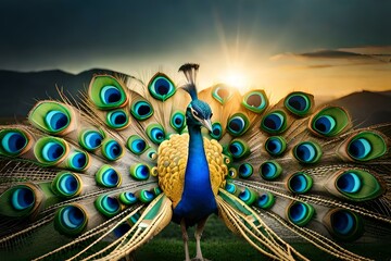 peacock feather on the background of the sun  by AI generating