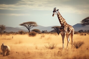 A giraffe walks between trees in Africa. generative ai,