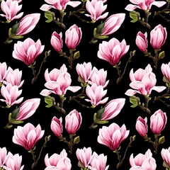 Fototapeta na wymiar pink Flower tulip Magnolia seamless Pattern with black background. colourful Floral endless Texture, cute botanical design for textile or print