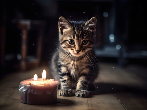 Cute Little Cat Celebrating Birthday in the Living Room on the Night with Light Candle on the Top of Sweet Cake. Kitten Party. Generative AI.