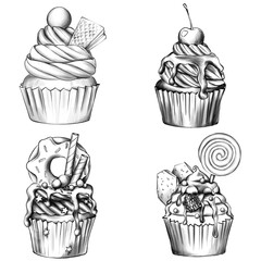 set of Cupcake line monochrome sketch. tasty sweet delicious Dessert isolated illustration. simple Muffin design for logo, cafe menu or print