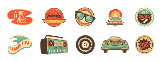 Retro travel sticker badge design for camp vector illustration. Vintage hippie car journey vacation adventure. Groovy comic quote about swimming season, summer good vibes with glasses and vinyl record