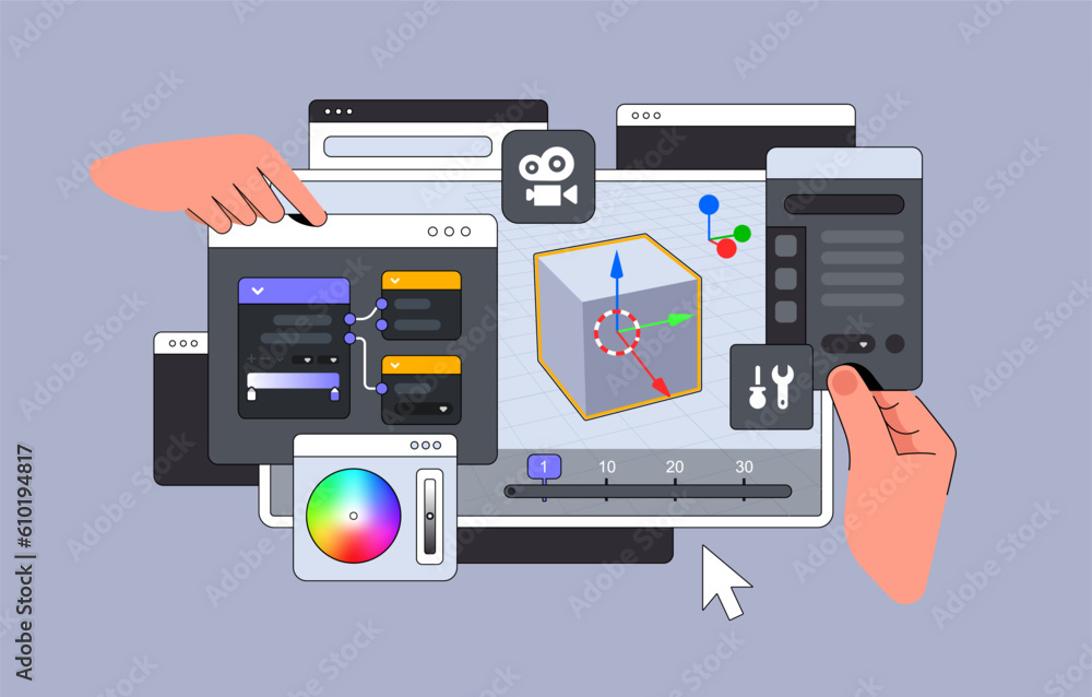 Poster 3d editor program interface with hands. big dashboard for moduling. vector illustration