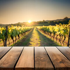 Selective focus, Wood table top on soft focus vineyard in morning light background. For montage product display. generative ai. - 610194888