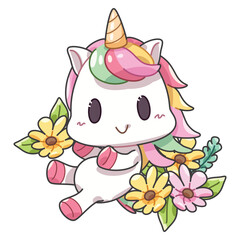Cute design element cartoon, cartoon illustration of colorful unicorn with group of flowers, Cartoon illustration for children, Vector image.