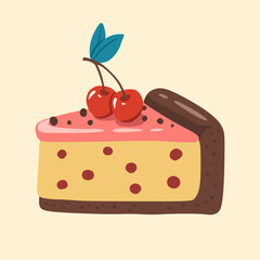 Piece of cake with cherry. Illustration of a cake with cherries and pink cream. Design element for greeting card, invitation, print, sticker. Illustration for birthday and valentine's day.