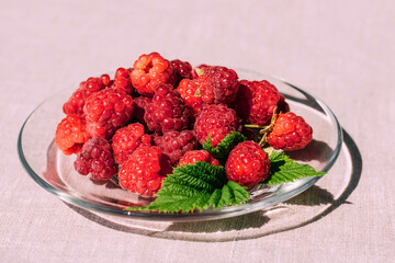 Red raspberry in a plate on the kitchen table, summer food. Background of fruity ripe berries