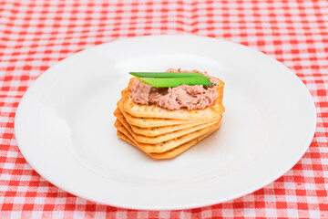 Crispy Salted Cracker with Liver Pate and Green Onions on White Plate. Easy Snack