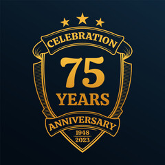 75 years anniversary icon or logo. 75th yubilee celebration, business company birthday badge or label. Vintage banner with shield and ribbon. Wedding, invitation design element. Vector illustration.