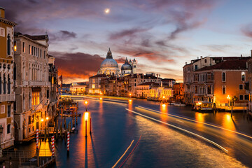 Grand Canal and Basilica Santa Maria della Salute at sunset, Venice, Italy.