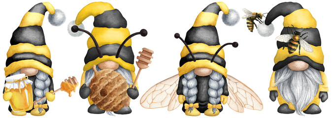 Set of watercolor bee gnomes with honey, spoon, wings, antlers. Stripy hats. Spring-summer dwarf Gnome isolated on white background, for printing greeting cards invitations, prints, banners etc.