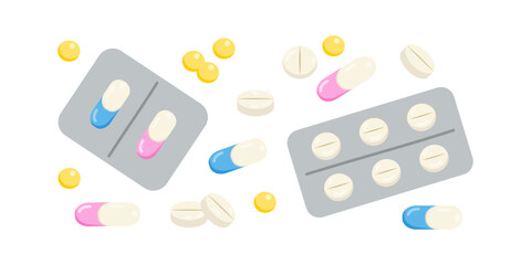 Colored icons are medicine for medicine. Illustration of tablets and vitamin chemicals