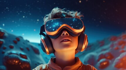 Portrait of a Little boy wearing virtual reality goggles.Generative Ai