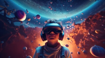 Portrait of a Little boy wearing virtual reality goggles.Generative Ai