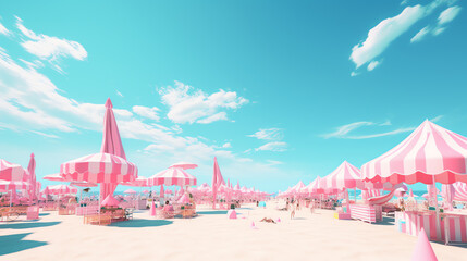 photo beach panorama with a lot of pink umbrella ai generative