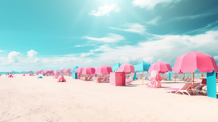 beach with a lot of pink umbrella and under cloudy blue sky ai generative