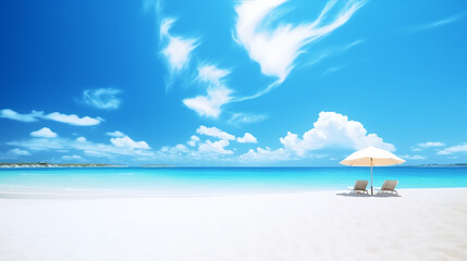 two lounge chair and umbrella in beach under beautiful blue sky with copy space ai generative