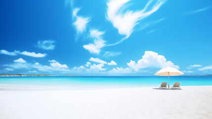 Obraz premium two lounge chair and umbrella in beach under beautiful blue sky with copy space ai generative