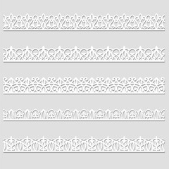 Vector set of lace border vignettes, suitable for laser cutting. Vintage flourish ornaments, cutout paper decoration