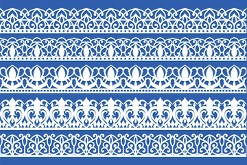 Vector set of lace border vignettes, suitable for laser cutting. Vintage flourish ornaments, cutout paper decoration - obrazy, fototapety, plakaty