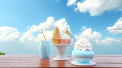 photo ice cream on table under sky background ai generative