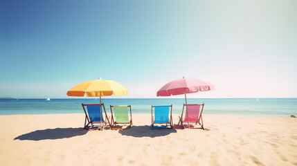 photo beach with colorful lounge and umbrella ai generative