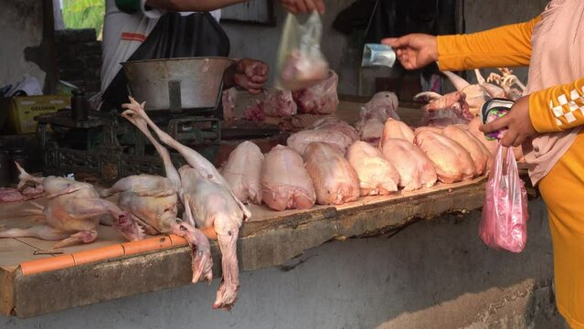 buying and selling transactions between chicken meat broilers traders and buyers in traditional markets in the morning