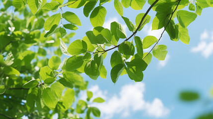 Green leaves of a tree against the blue sky. Generative AI
