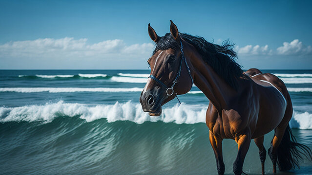 Horse On The Beach At Sunny Day. Portrait Of A Horse.