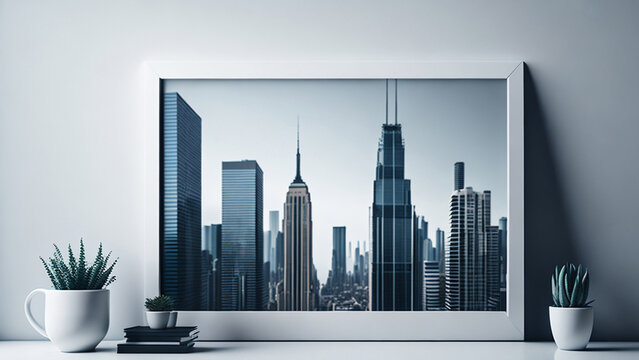 Modern interior of a room with a view of New York in a photo frame. Layout, 3D rendering.
