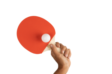 black male hand holding a ping pong racket isolated