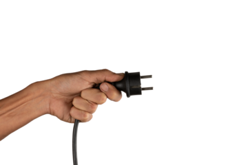 Black male hand holding an electric power plug isolated