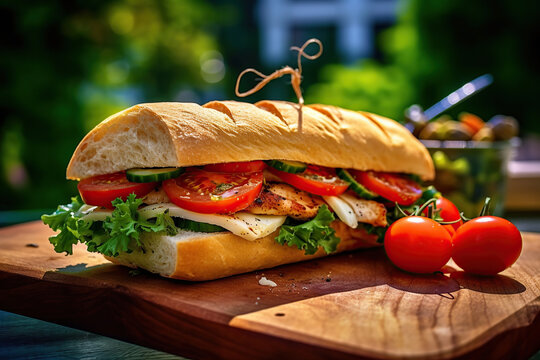 Image of a chicken sandwich with cheese and vegetables between in a baguette on a wooden picnic table.