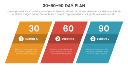 30-60-90 day plan management infographic 3 point stage template with rectangle skew or skewed concept for slide presentation vector