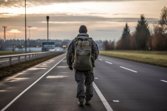 Rearview of a soldier returning home from the army. Concept military service. Generative AI