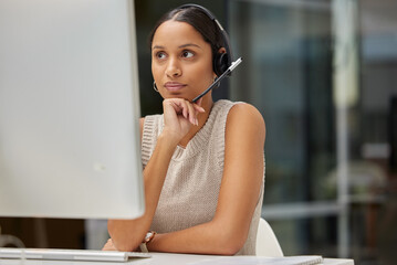 Call center, thinking and woman consulting for contact us, customer support or crm in office....