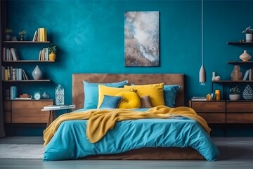 Blue Turquoise Bedroom Interior with Wood Accents. Generative AI