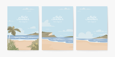 Set of beautiful banner, poster or greeting card design template with sandy summer beach. Set of nature landscape background. Vector illustration