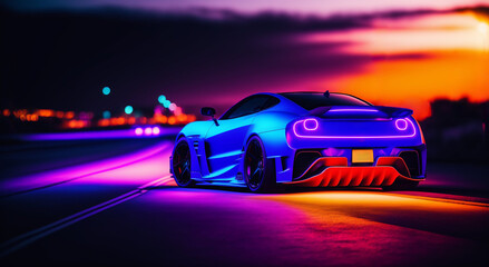 modern sporty vehicle bolid, futuristic Sports futuristic car on a neon background in the style of cyberpunk. night scene. blue and violet neon illuminated highway. Generative ai.