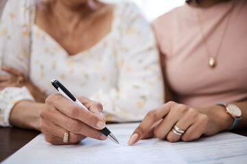 Document, pen and closeup of a woman signing a retirement contract or application with a pen. Zoom of a female person with signature for pension paperwork, form or agreement with professional lawyer.