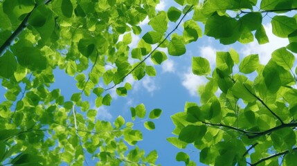 Obraz premium Green leaves of a tree against the blue sky. Generative AI